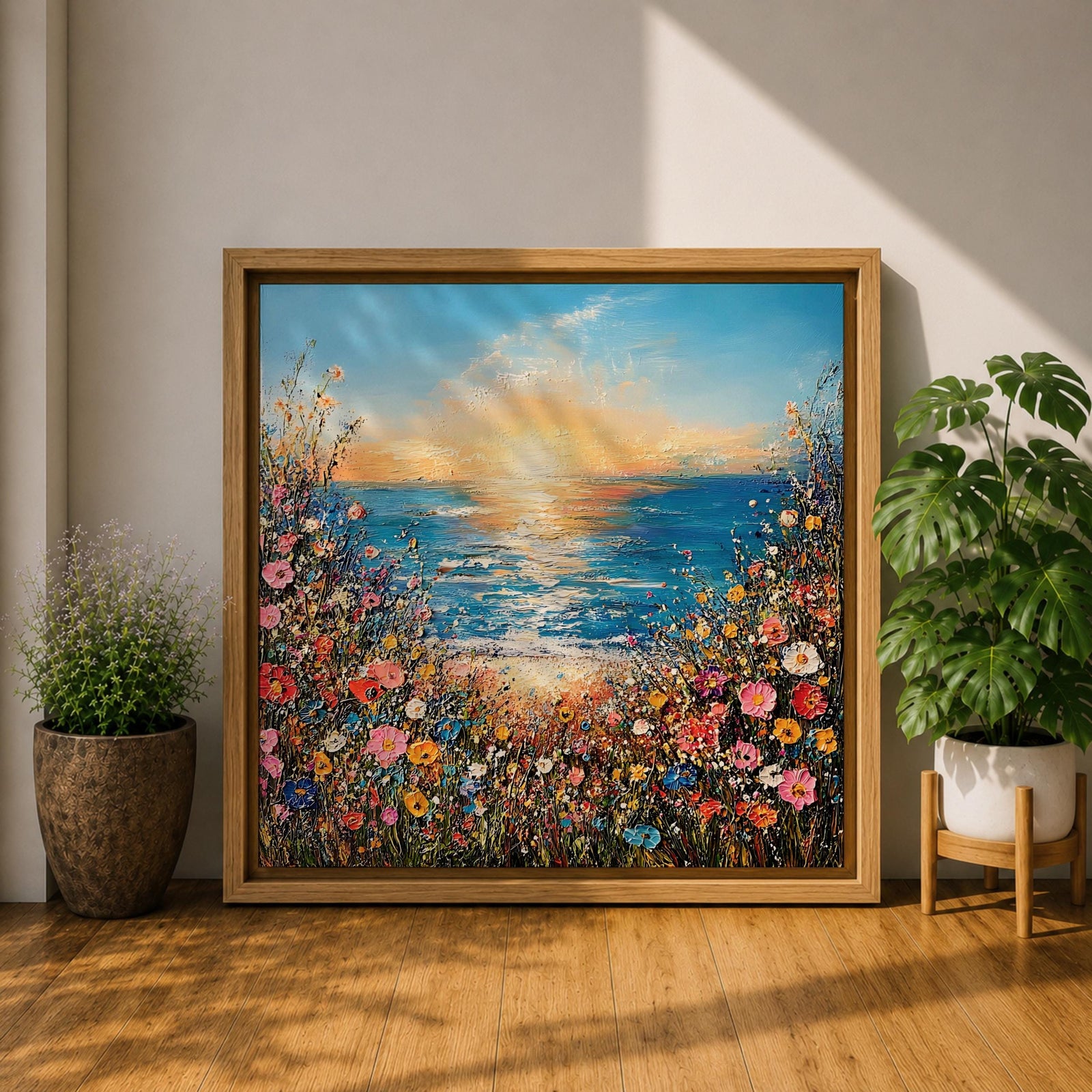 Wildflower Beach Sunset Wall Art Coastal Floral Framed Canvas Ocean Landscape Living Room Decor