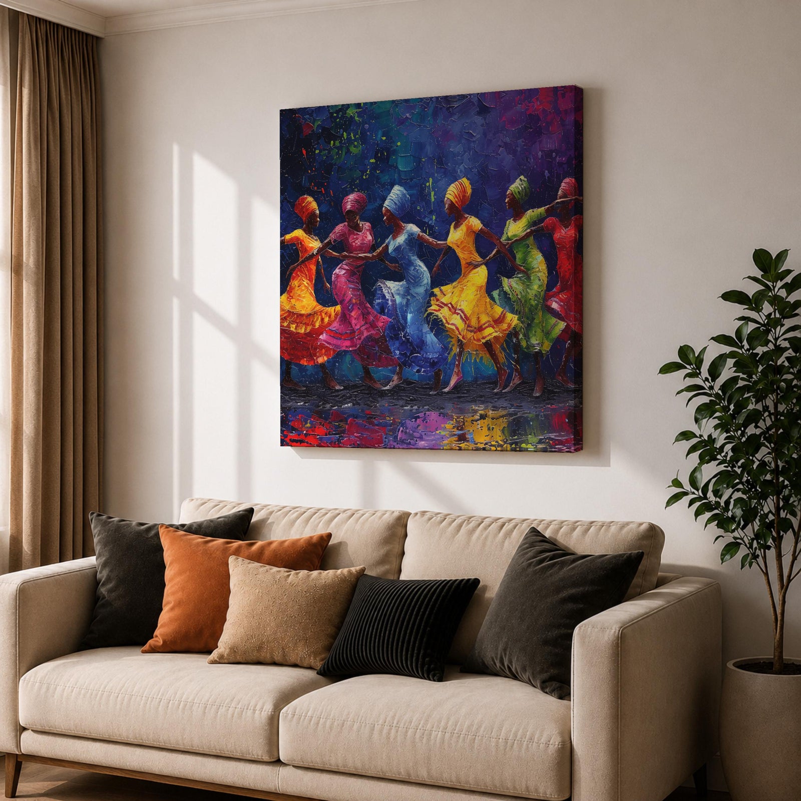 African Dance Wall Art Tribal Rhythm Framed Canvas Traditional Culture Impasto Ethnic Decor