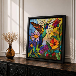 Hummingbird Wall Art Nectar Bird Framed Canvas Botanical Stained Glass Tropical Wildlife Decor