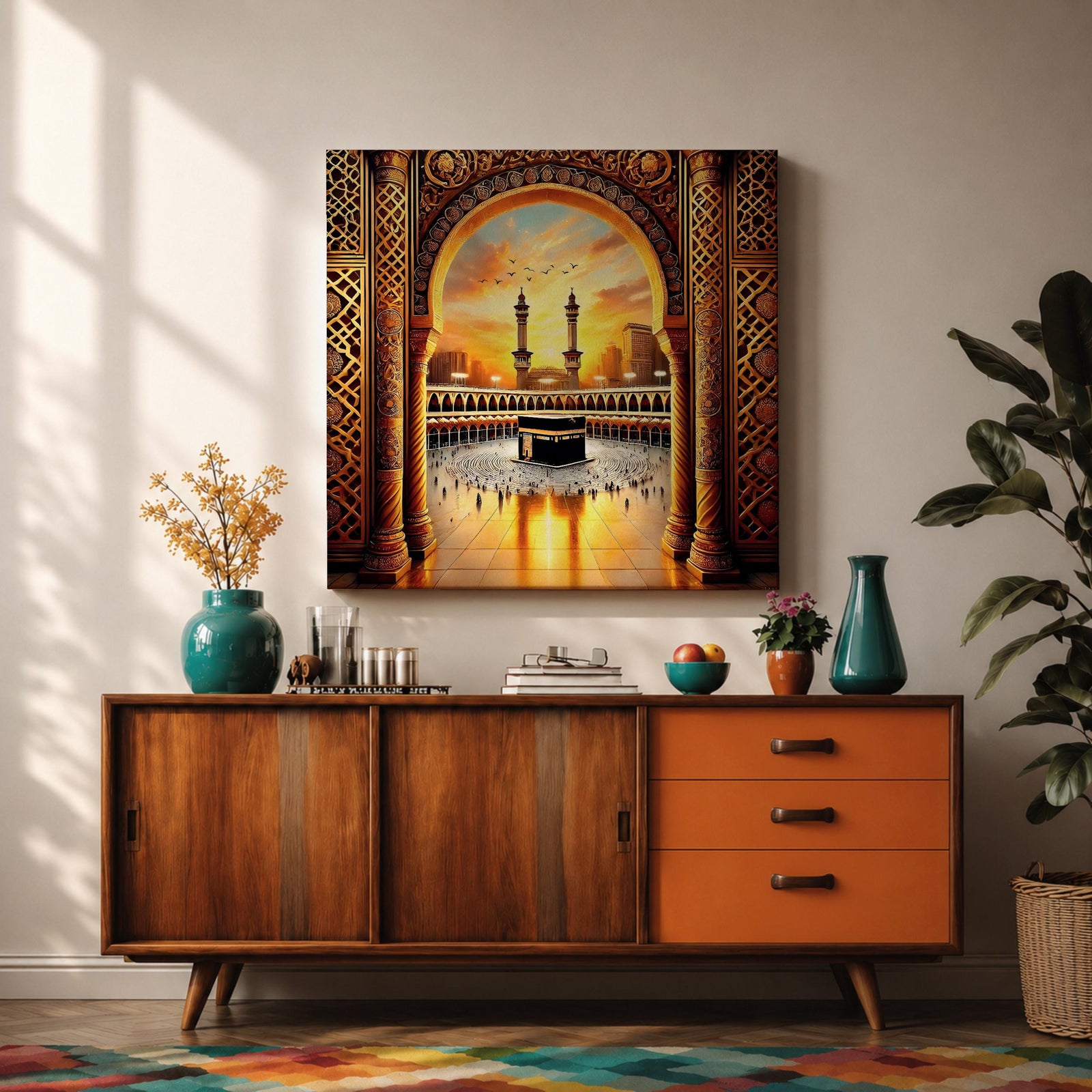 Kaaba Wall Art Golden Arch Framed Canvas Masjid al Haram Arabic Islamic Mecca Decor