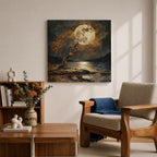 Moonlit Tree Wall Art Full Moon Landscape Framed Canvas Night Lake Rustic Home Decor