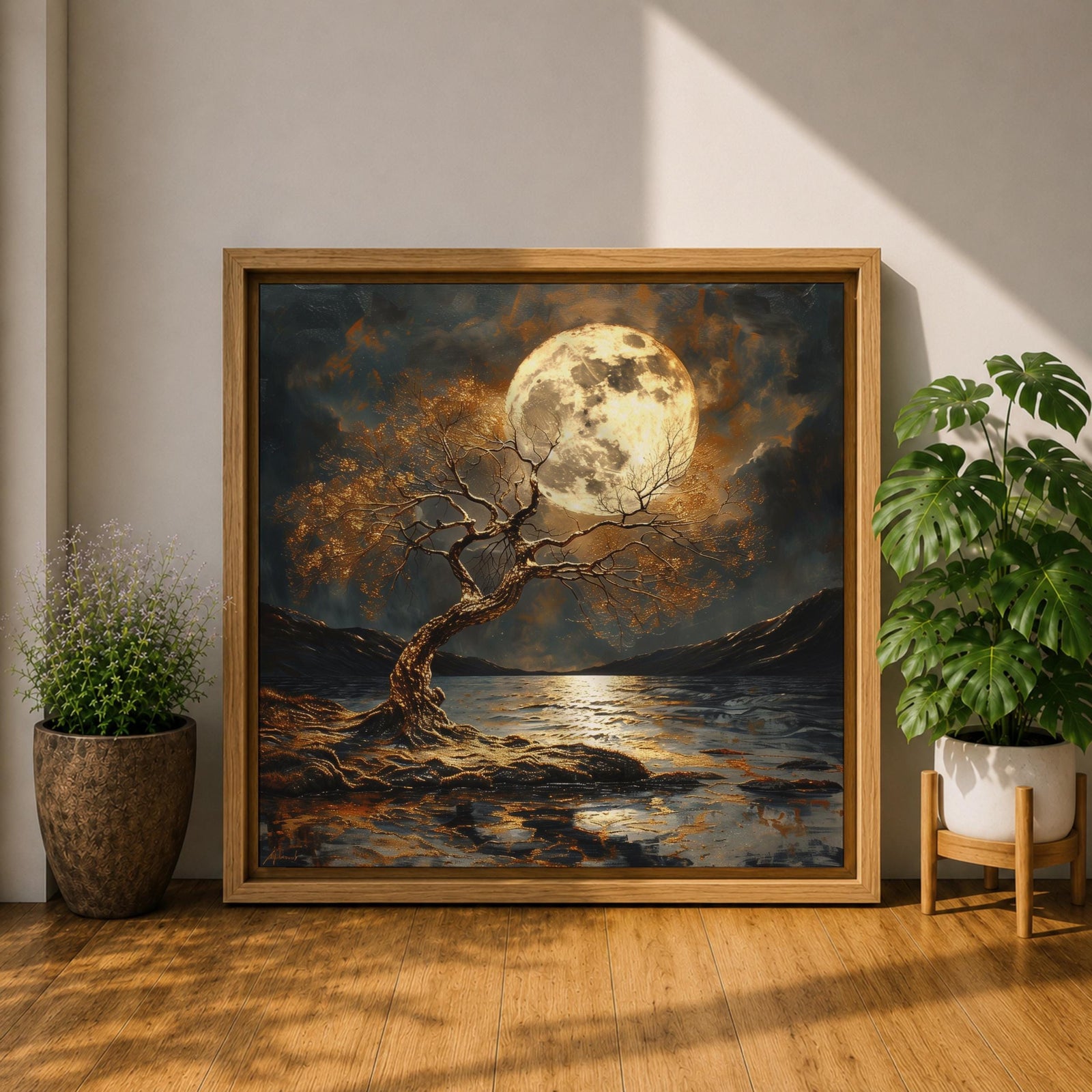 Moonlit Tree Wall Art Full Moon Landscape Framed Canvas Night Lake Rustic Home Decor