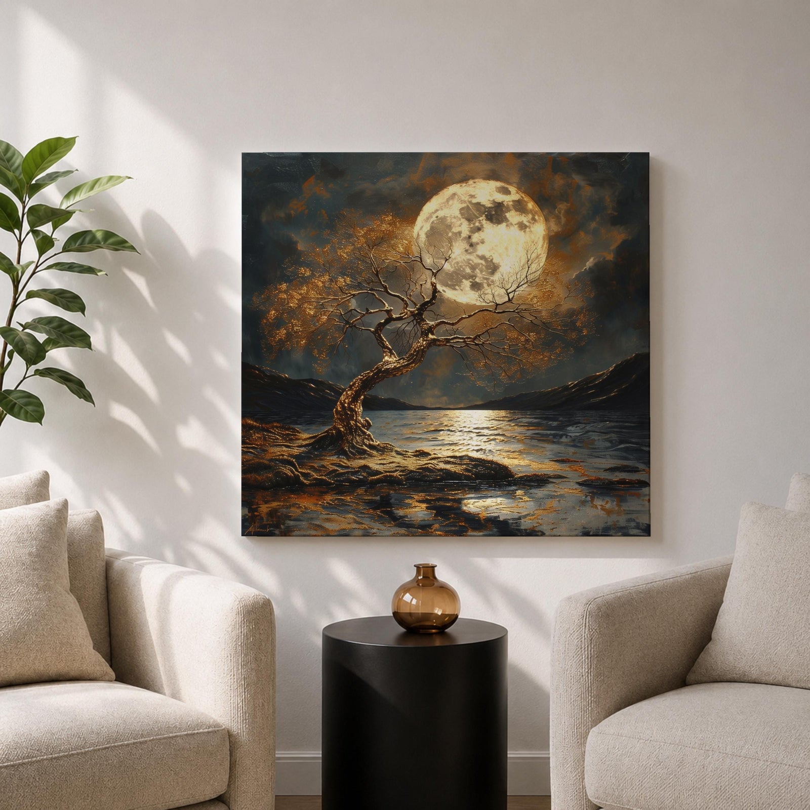 Moonlit Tree Wall Art Full Moon Landscape Framed Canvas Night Lake Rustic Home Decor