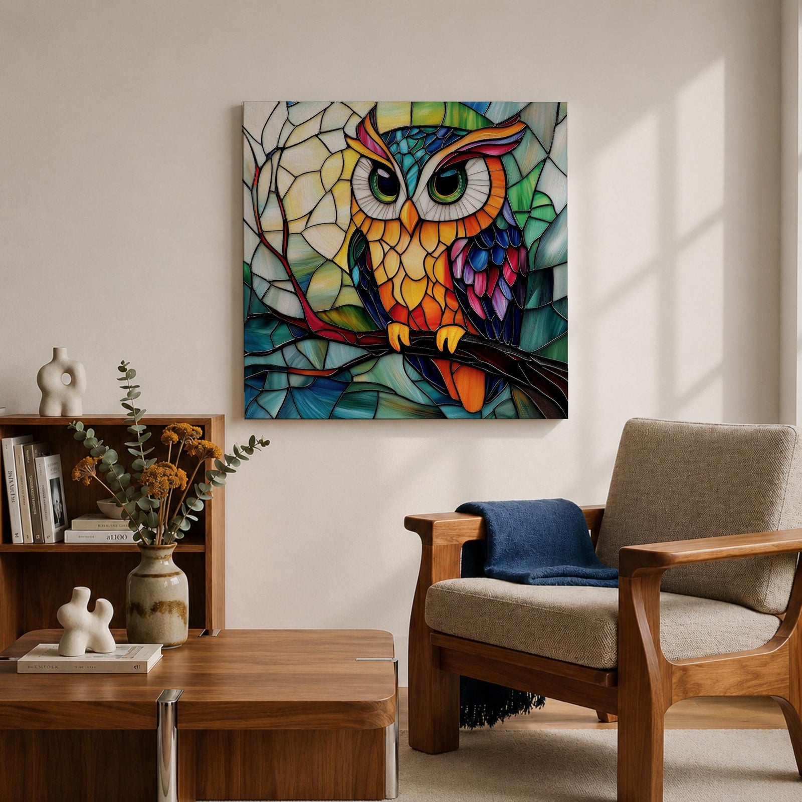 Owl Wall Art Night Bird Framed Canvas Stained Glass Colorful Boho Wall Home Decor
