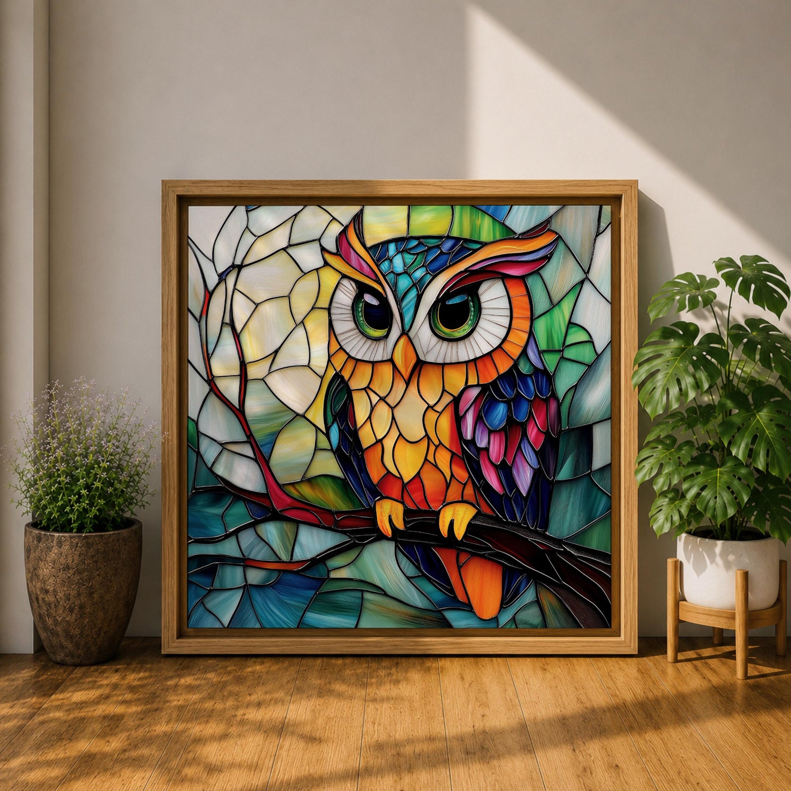 Owl Wall Art Night Bird Framed Canvas Stained Glass Colorful Boho Wall Home Decor