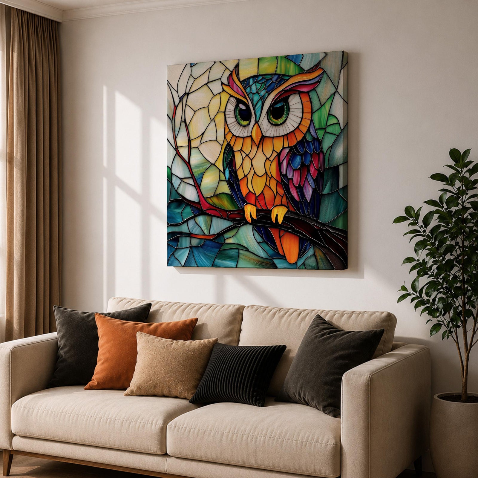 Owl Wall Art Night Bird Framed Canvas Stained Glass Colorful Boho Wall Home Decor
