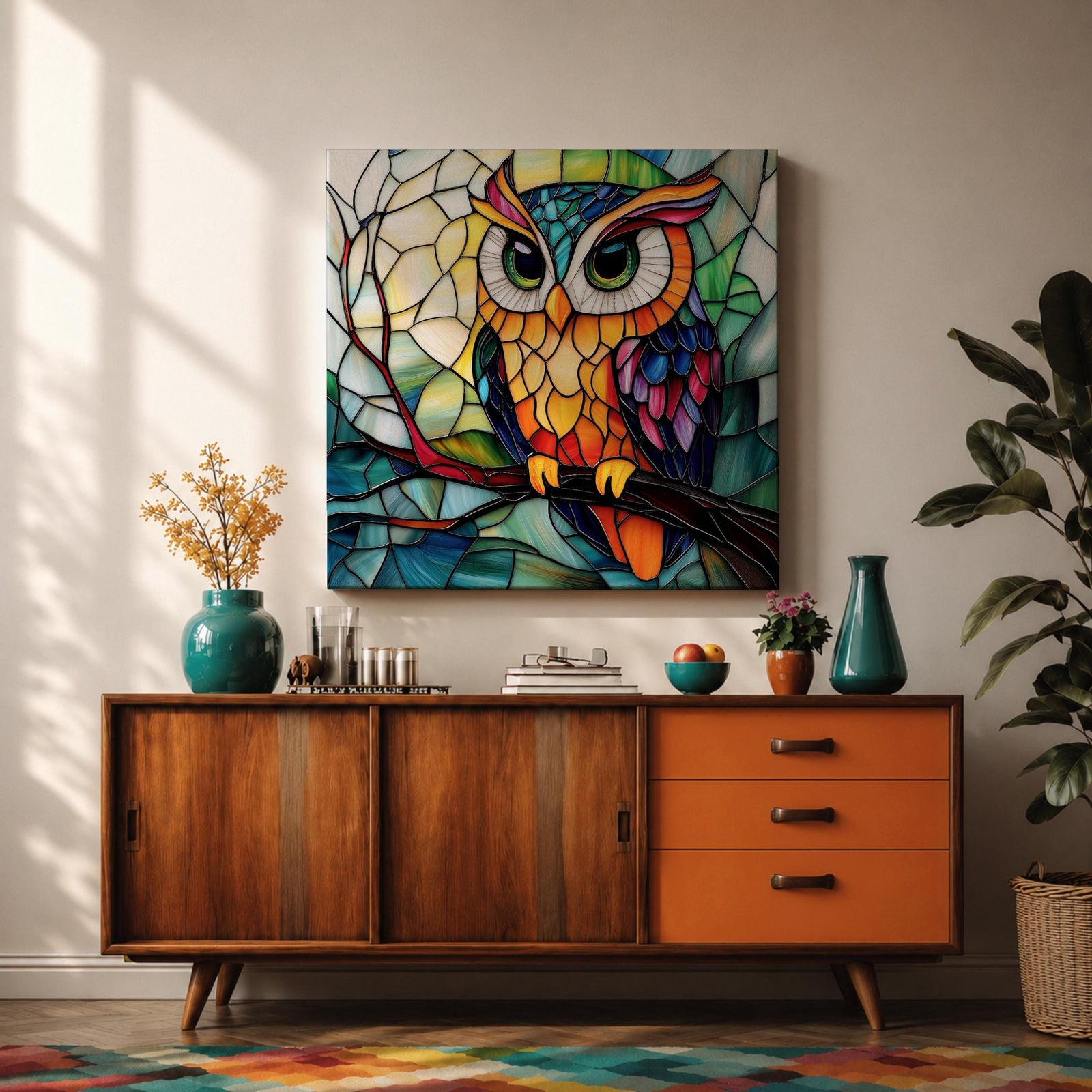 Owl Wall Art Night Bird Framed Canvas Stained Glass Colorful Boho Wall Home Decor