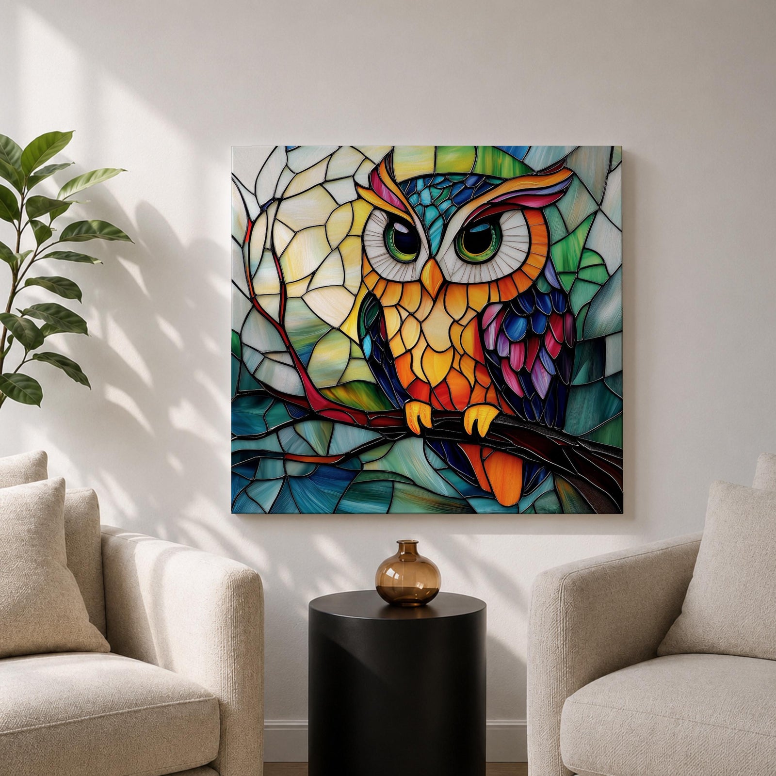 Owl Wall Art Night Bird Framed Canvas Stained Glass Colorful Boho Wall Home Decor
