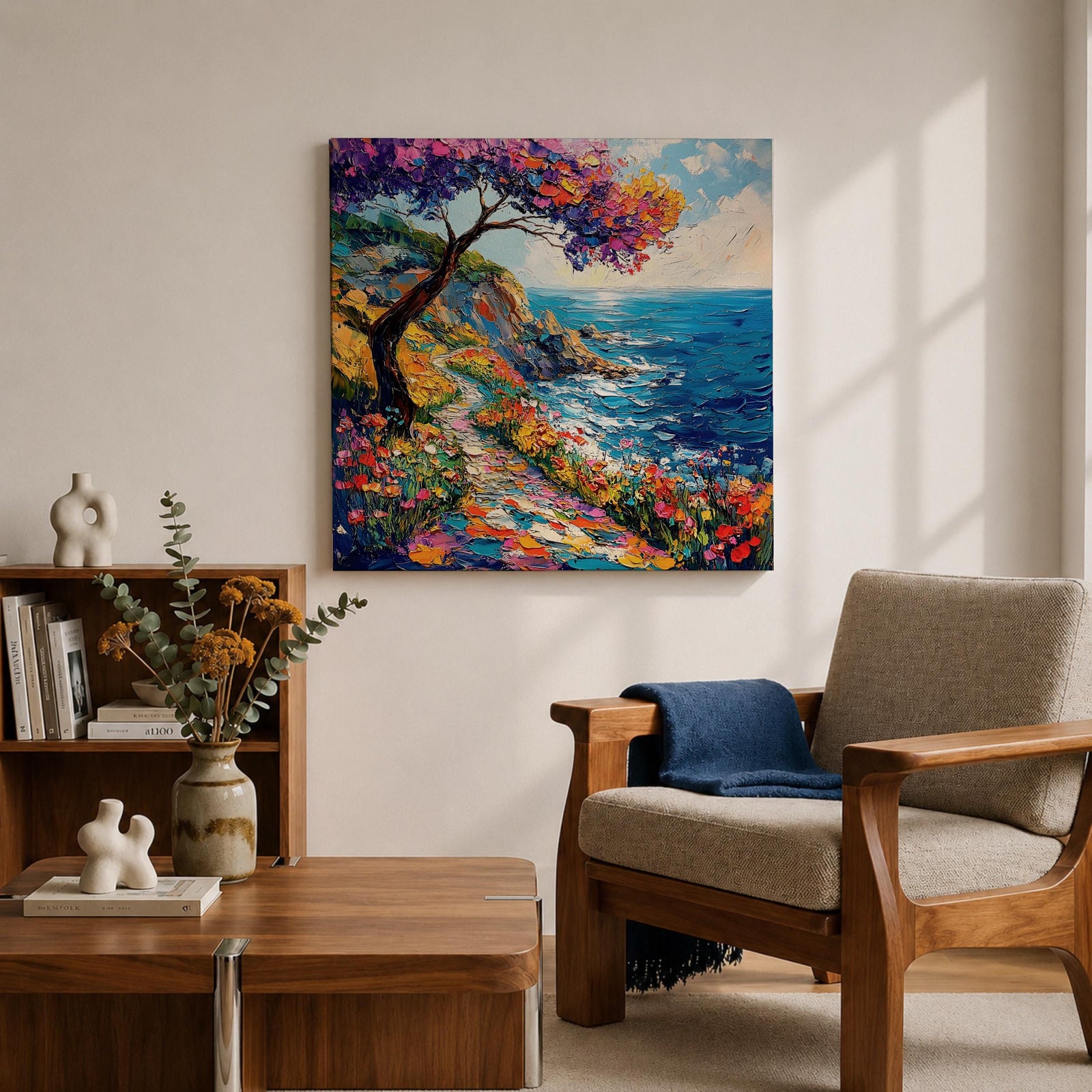 Coastal Pathway Wall Art Mediterranean Ocean Trail Framed Canvas Impasto Landscape Living Room Decor