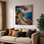 Coastal Pathway Wall Art Mediterranean Ocean Trail Framed Canvas Impasto Landscape Living Room Decor