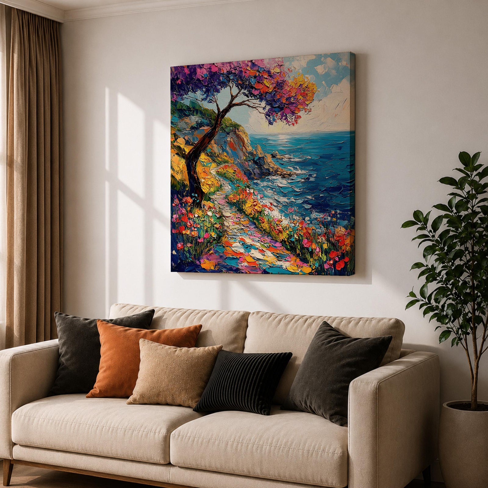 Coastal Pathway Wall Art Mediterranean Ocean Trail Framed Canvas Impasto Landscape Living Room Decor