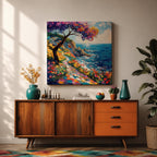Coastal Pathway Wall Art Mediterranean Ocean Trail Framed Canvas Impasto Landscape Living Room Decor