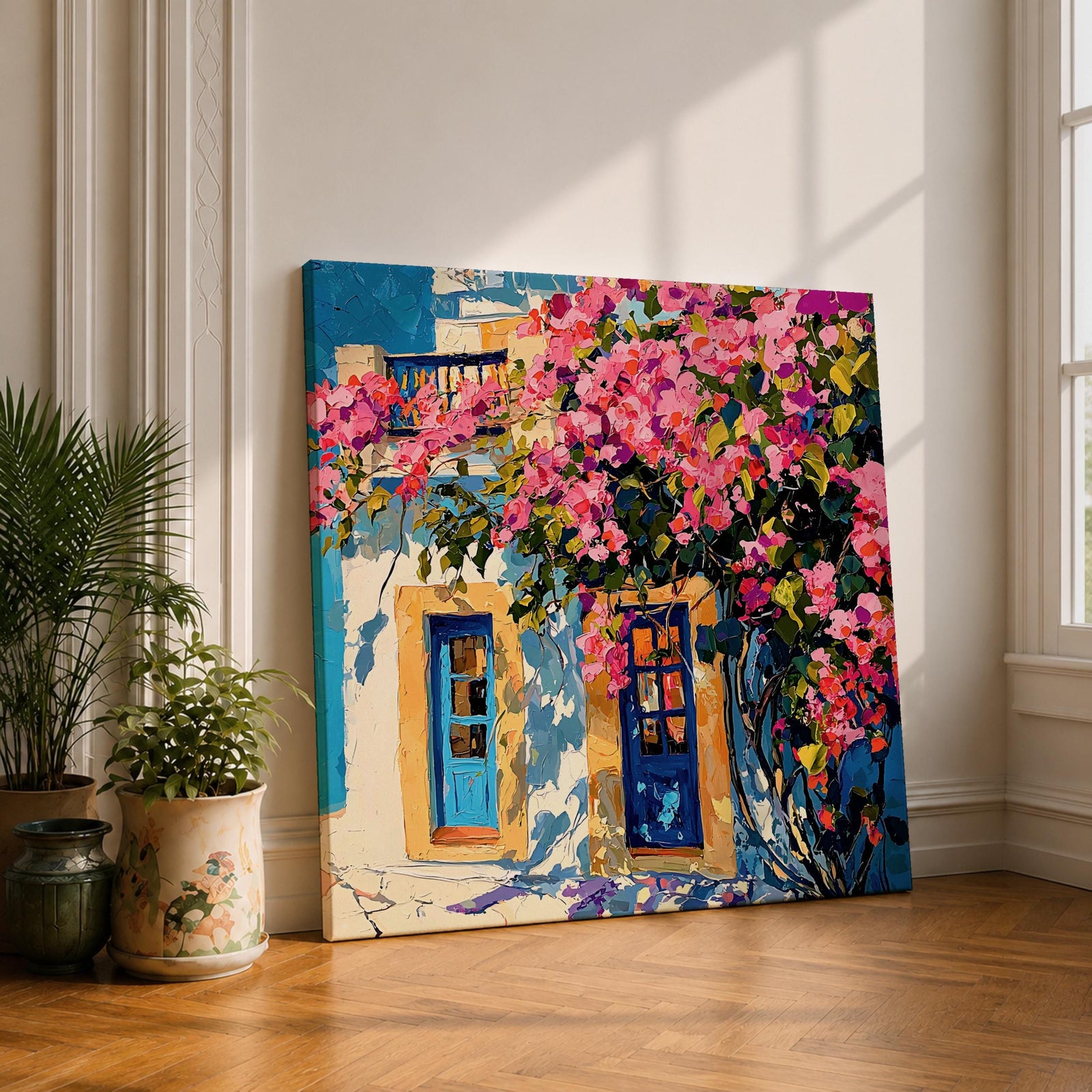 Santorini Bougainvillea Wall Art Greek Island Framed Canvas Mediterranean Impasto Landscape Coastal Home Decor