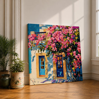 Santorini Bougainvillea Wall Art Greek Island Framed Canvas Mediterranean Impasto Landscape Coastal Home Decor