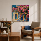 Santorini Bougainvillea Wall Art Greek Island Framed Canvas Mediterranean Impasto Landscape Coastal Home Decor