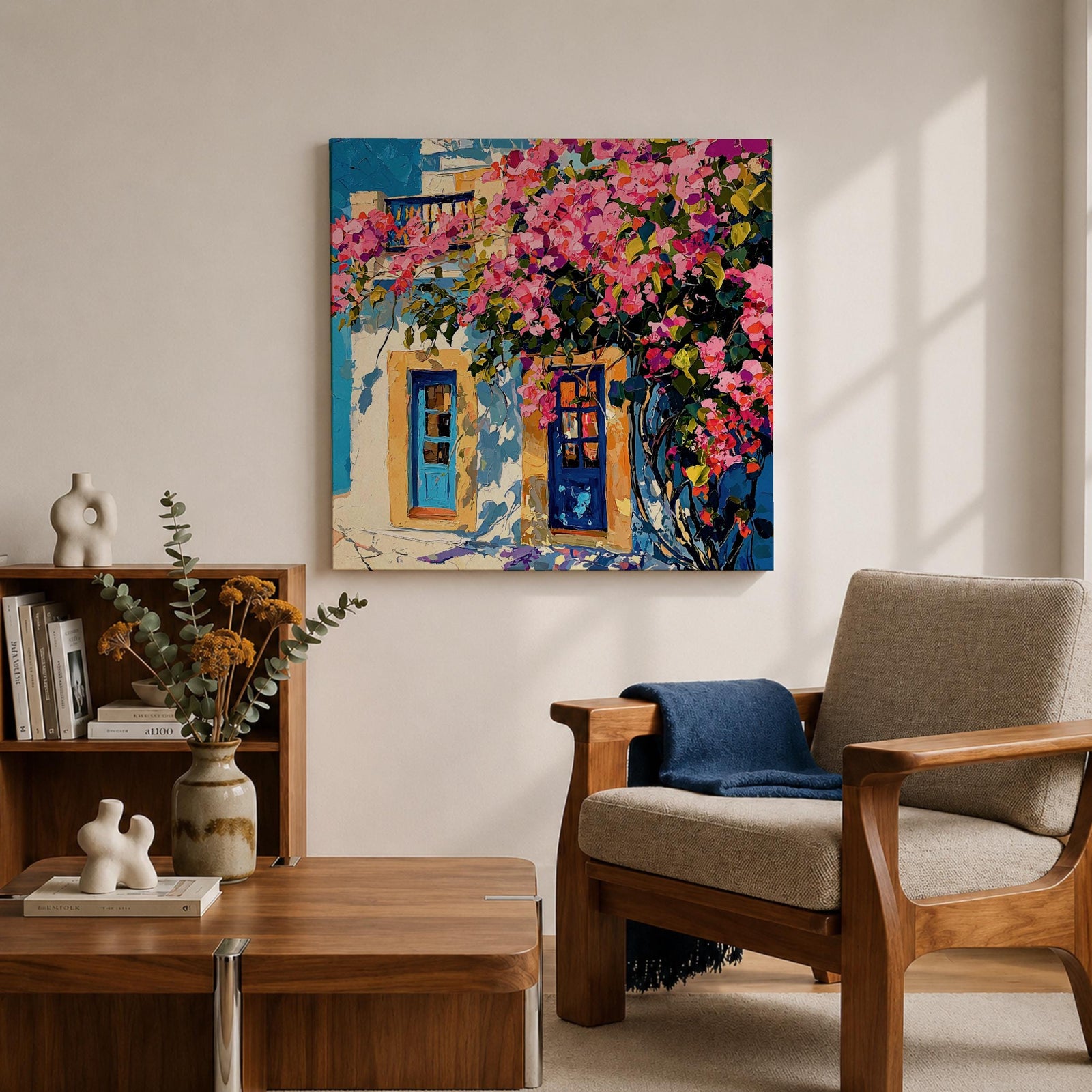 Santorini Bougainvillea Wall Art Greek Island Framed Canvas Mediterranean Impasto Landscape Coastal Home Decor