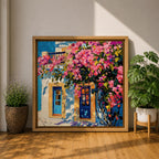 Santorini Bougainvillea Wall Art Greek Island Framed Canvas Mediterranean Impasto Landscape Coastal Home Decor