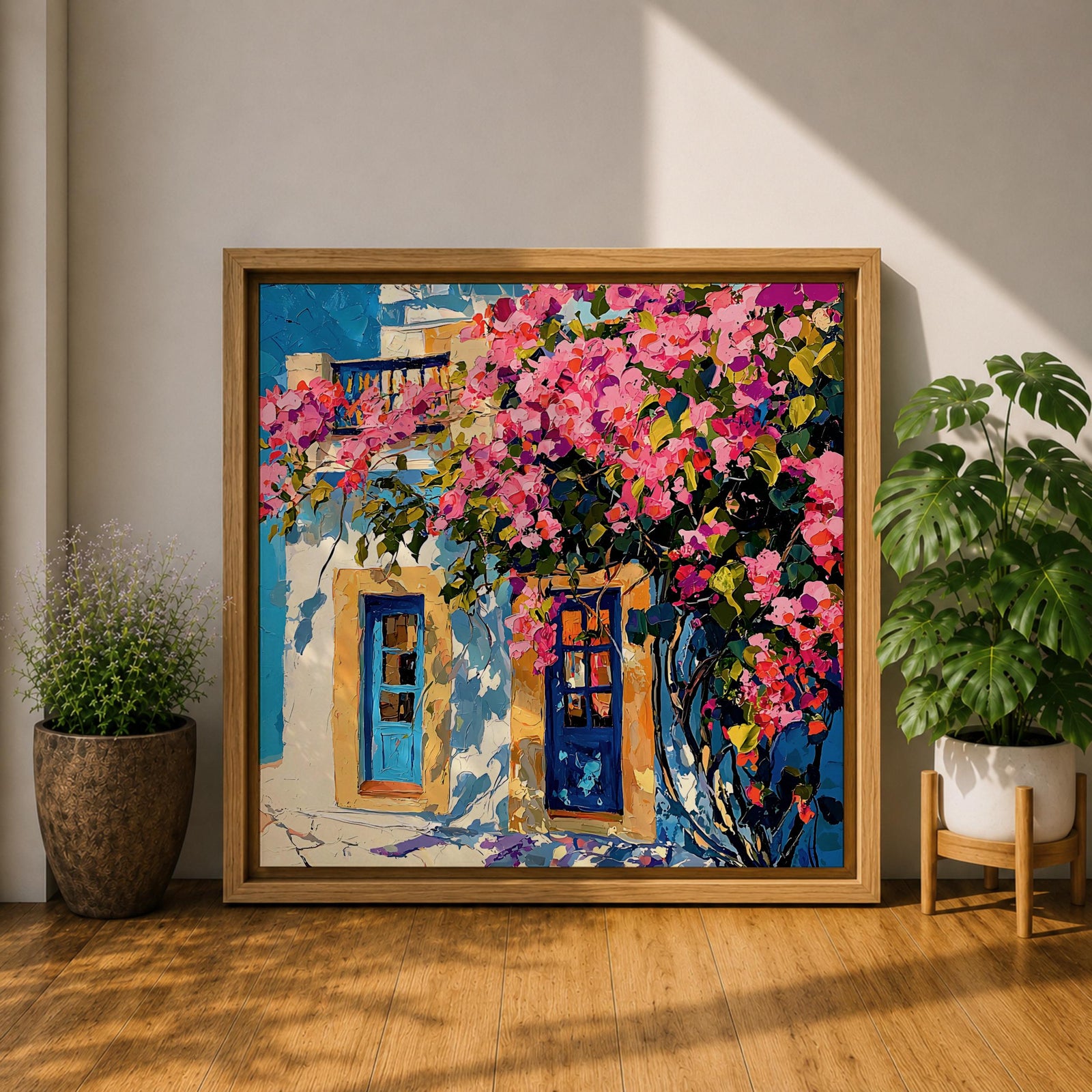 Santorini Bougainvillea Wall Art Greek Island Framed Canvas Mediterranean Impasto Landscape Coastal Home Decor