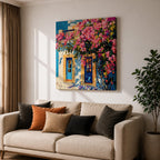 Santorini Bougainvillea Wall Art Greek Island Framed Canvas Mediterranean Impasto Landscape Coastal Home Decor