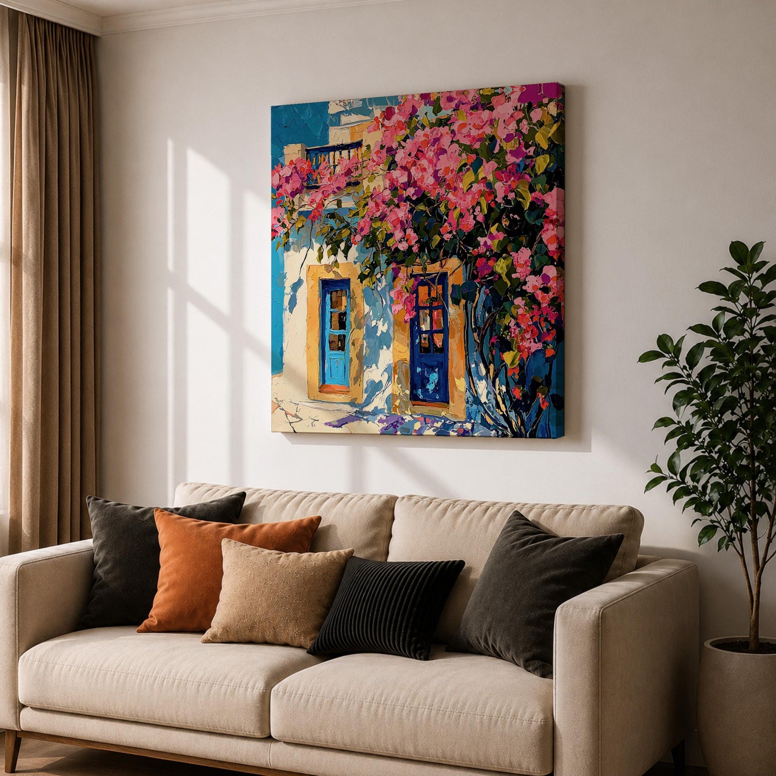 Santorini Bougainvillea Wall Art Greek Island Framed Canvas Mediterranean Impasto Landscape Coastal Home Decor
