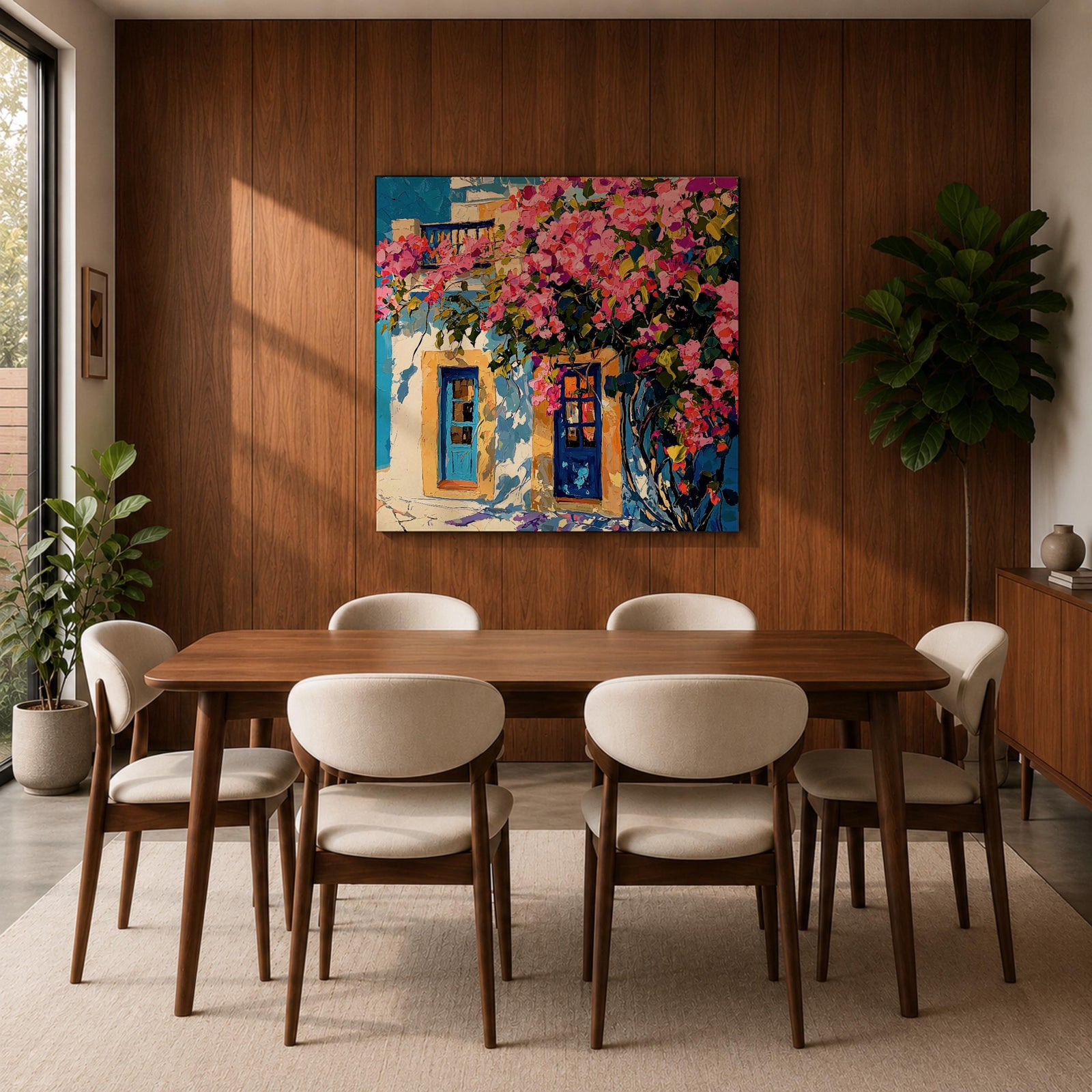 Santorini Bougainvillea Wall Art Greek Island Framed Canvas Mediterranean Impasto Landscape Coastal Home Decor