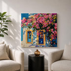 Santorini Bougainvillea Wall Art Greek Island Framed Canvas Mediterranean Impasto Landscape Coastal Home Decor