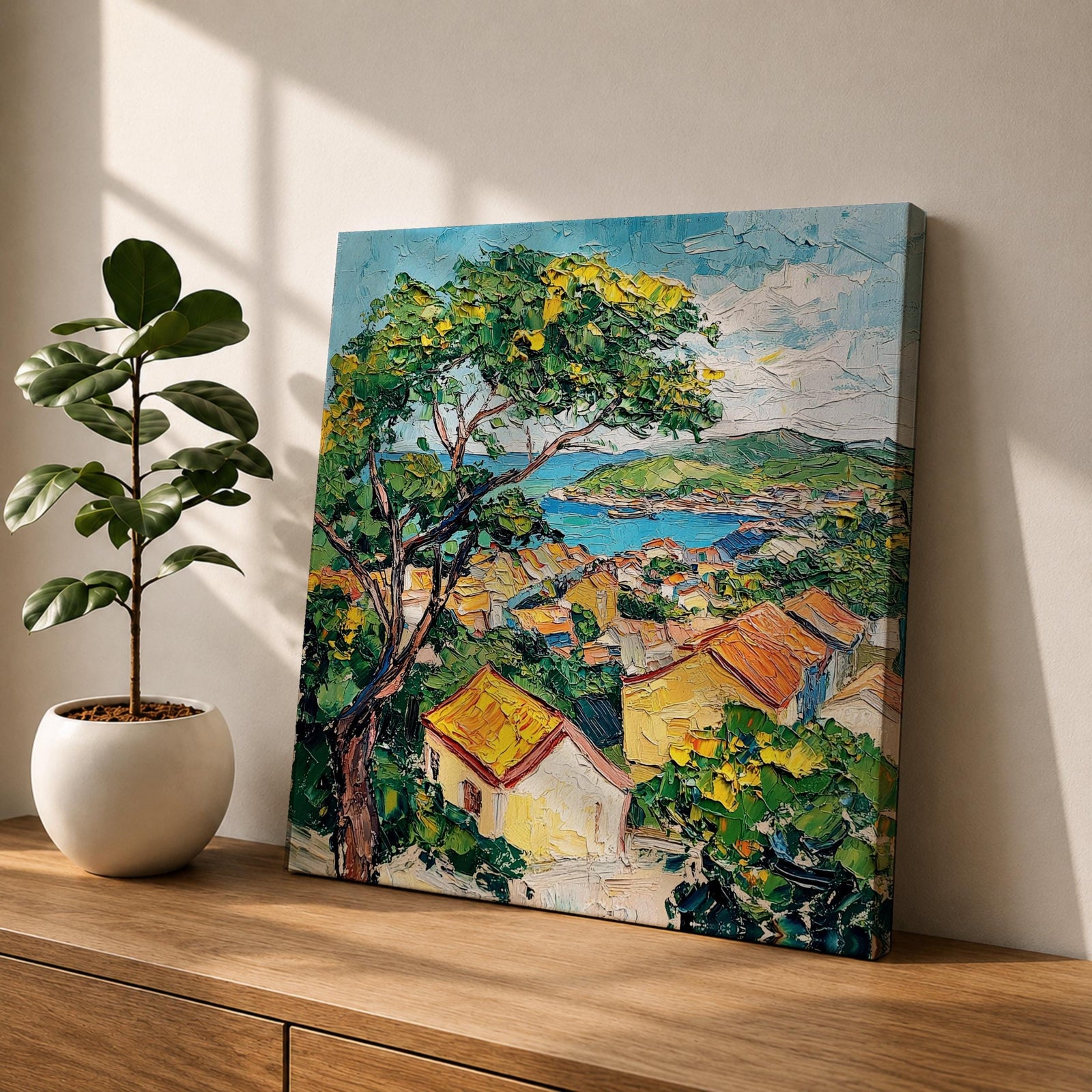 Mediterranean Village Wall Art Seaside Town Framed Canvas Coastal Landscape Impasto Rustic Home Decor