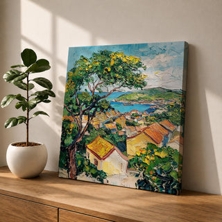 Mediterranean Village Wall Art Seaside Town Framed Canvas Coastal Landscape Impasto Rustic Home Decor