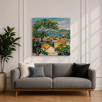 Mediterranean Village Wall Art Seaside Town Framed Canvas Coastal Landscape Impasto Rustic Home Decor