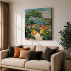 Mediterranean Village Wall Art Seaside Town Framed Canvas Coastal Landscape Impasto Rustic Home Decor