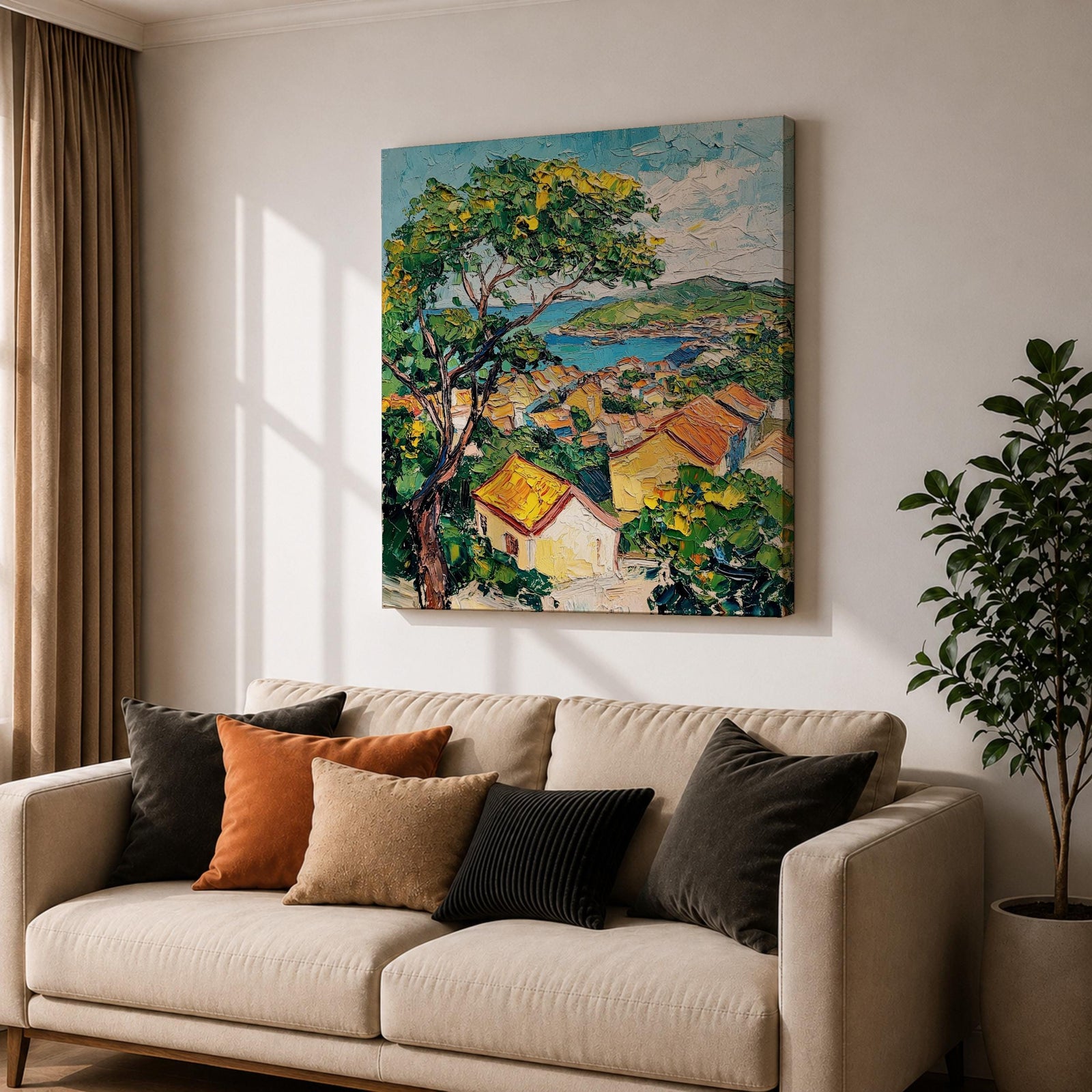 Mediterranean Village Wall Art Seaside Town Framed Canvas Coastal Landscape Impasto Rustic Home Decor