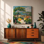 Mediterranean Village Wall Art Seaside Town Framed Canvas Coastal Landscape Impasto Rustic Home Decor