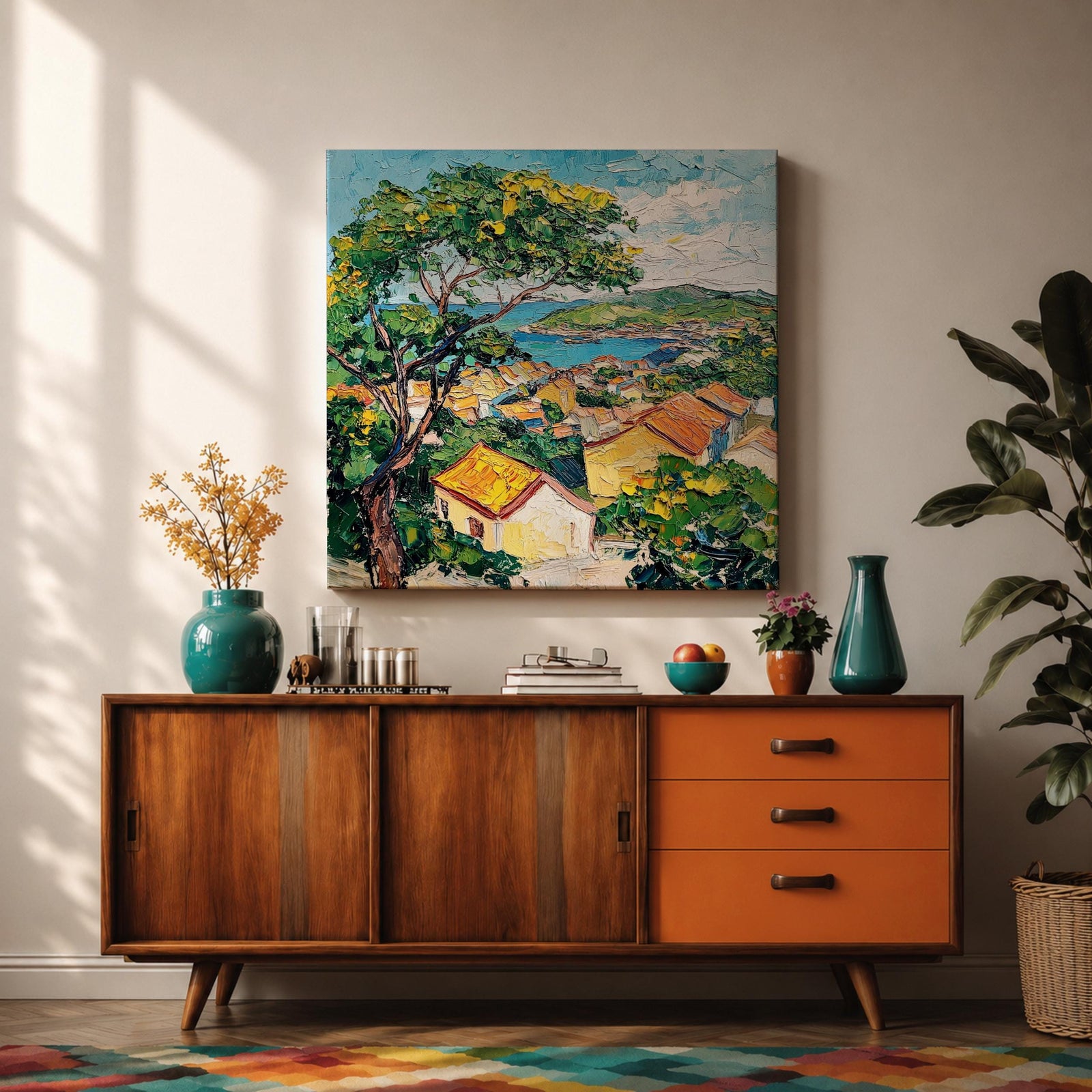 Mediterranean Village Wall Art Seaside Town Framed Canvas Coastal Landscape Impasto Rustic Home Decor