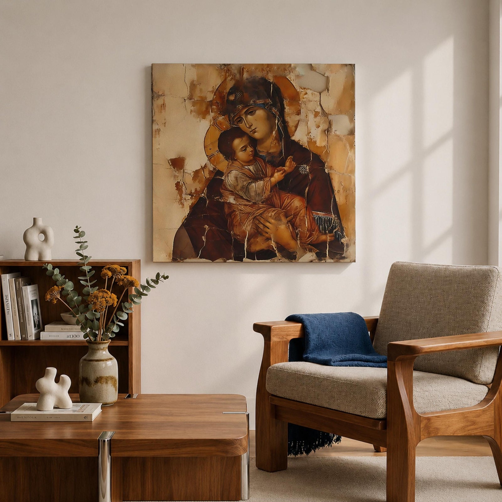 Virgin Mary Wall Art Theotokos Framed Canvas Antique Byzantine Rustic Home Decor