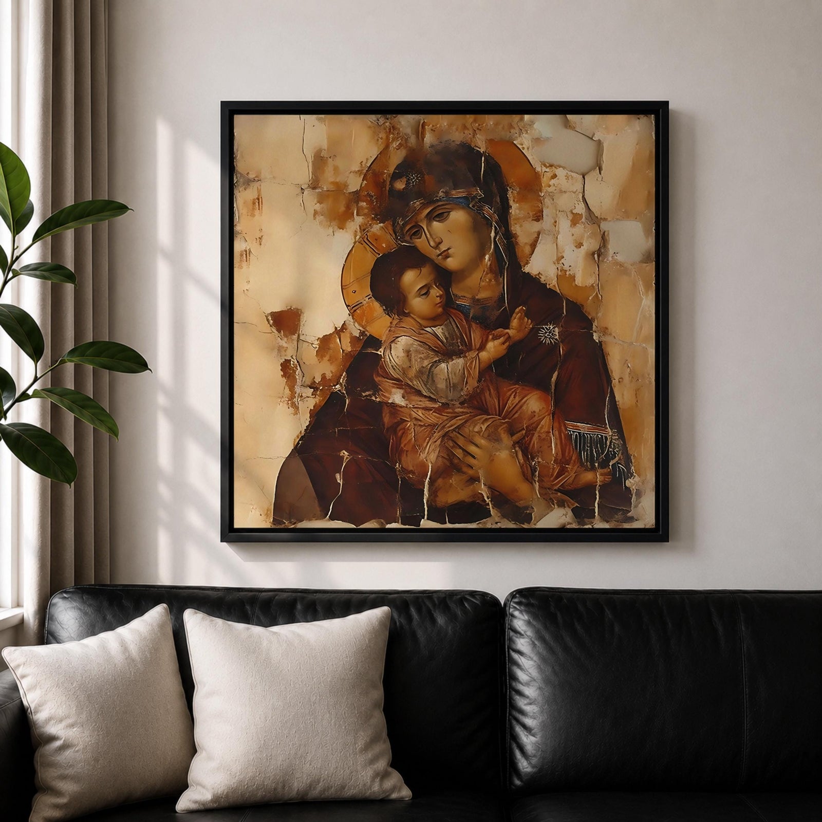 Virgin Mary Wall Art Theotokos Framed Canvas Antique Byzantine Rustic Home Decor