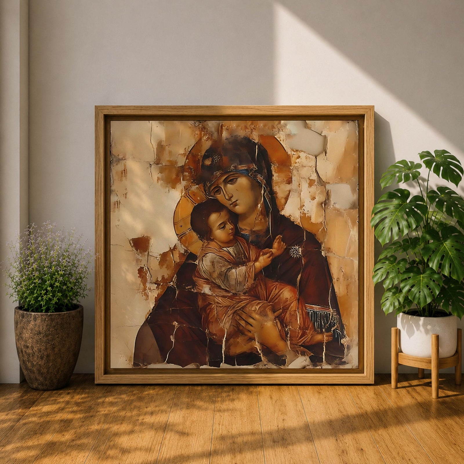 Virgin Mary Wall Art Theotokos Framed Canvas Antique Byzantine Rustic Home Decor