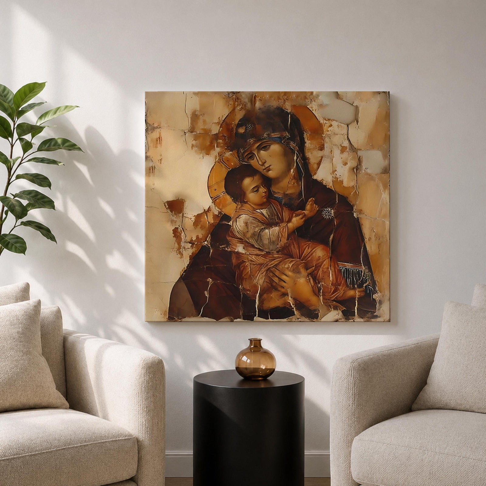 Virgin Mary Wall Art Theotokos Framed Canvas Antique Byzantine Rustic Home Decor