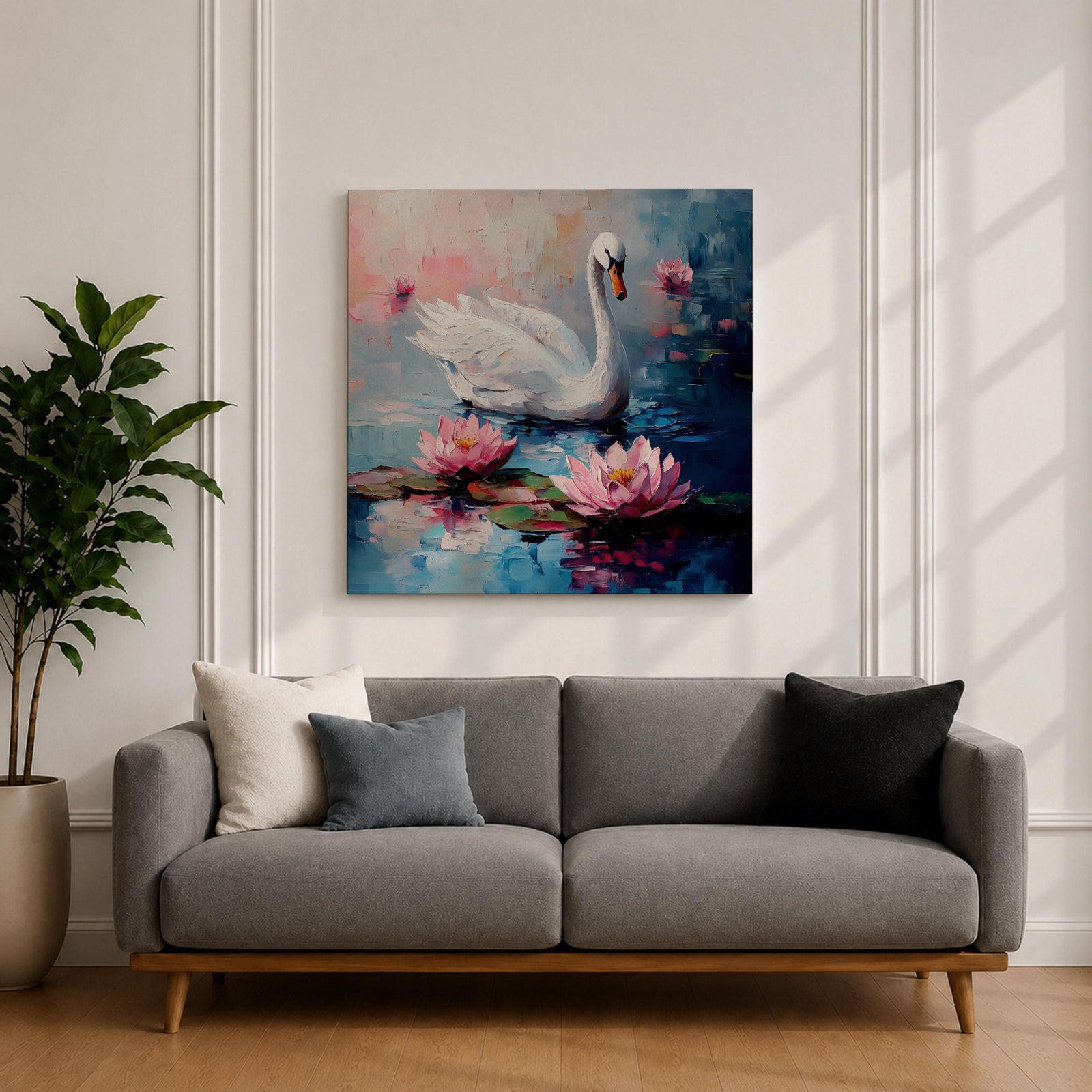 Swan Wall Art Waterfowl Framed Canvas Lotus Pond Landscape Impasto Serene Home Decor