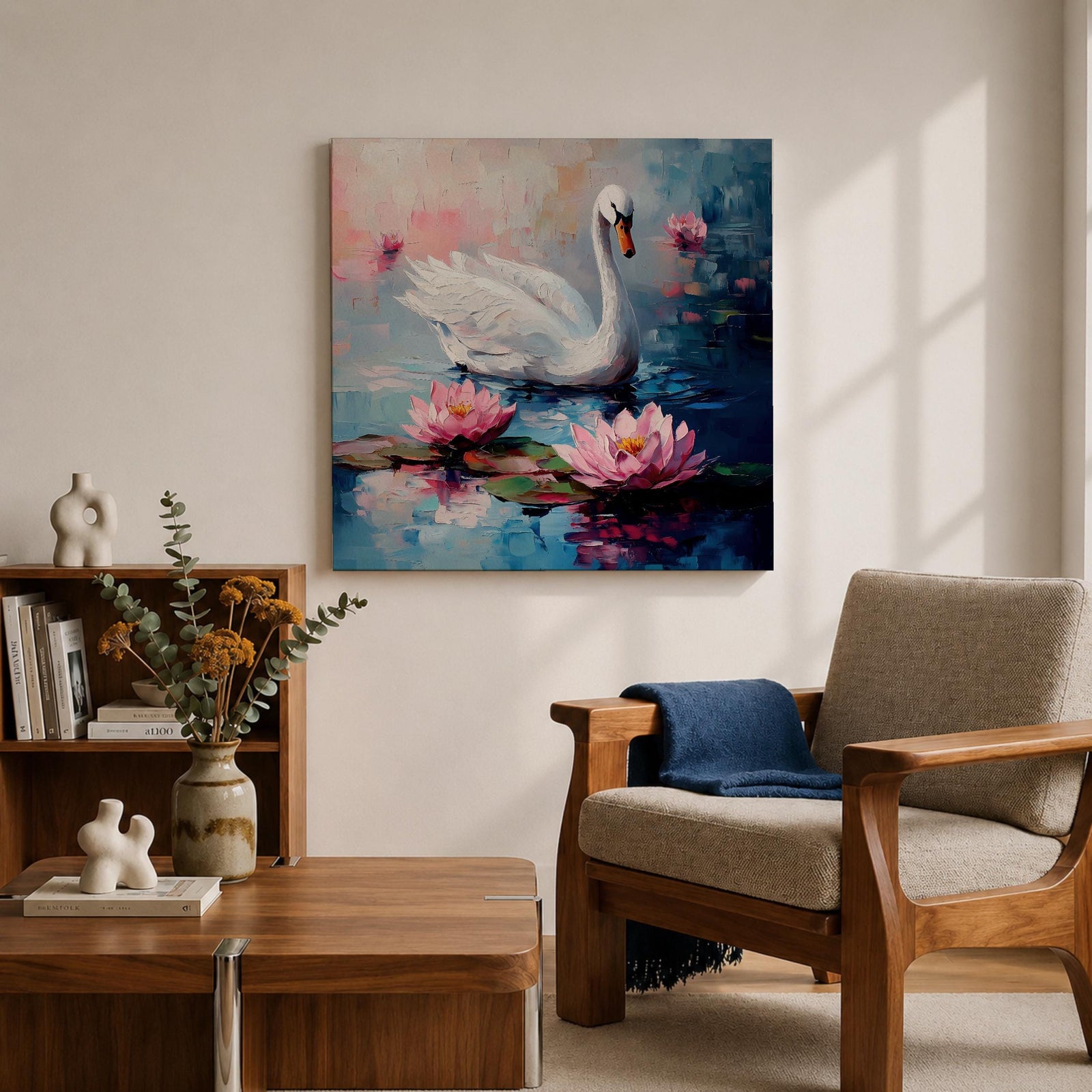 Swan Wall Art Waterfowl Framed Canvas Lotus Pond Landscape Impasto Serene Home Decor