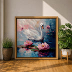 Swan Wall Art Waterfowl Framed Canvas Lotus Pond Landscape Impasto Serene Home Decor
