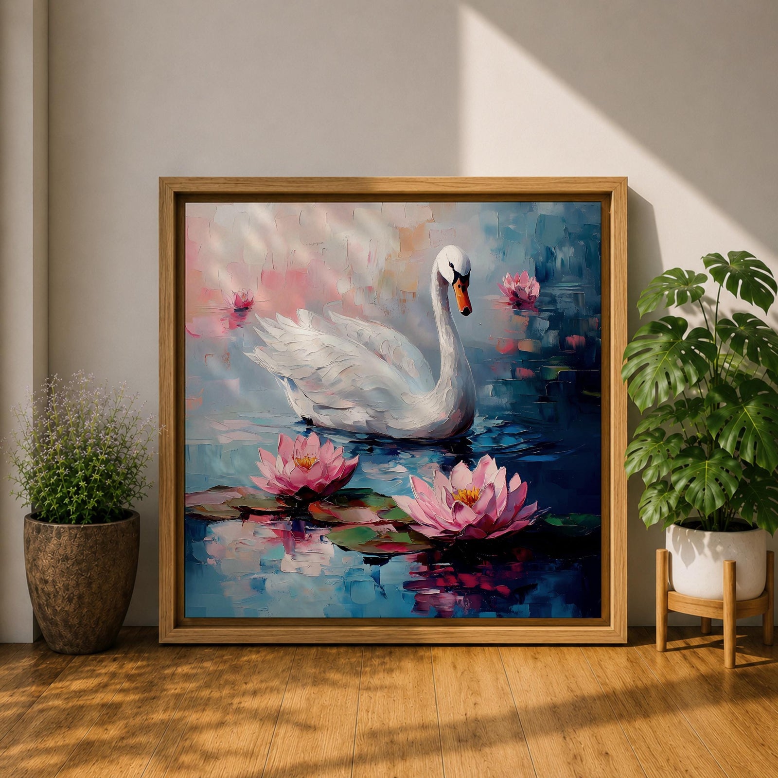 Swan Wall Art Waterfowl Framed Canvas Lotus Pond Landscape Impasto Serene Home Decor