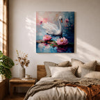 Swan Wall Art Waterfowl Framed Canvas Lotus Pond Landscape Impasto Serene Home Decor