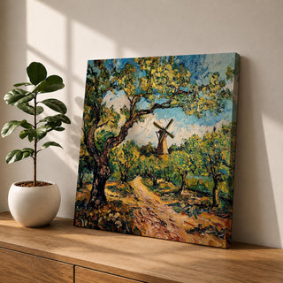 Windmill Wall Art Countryside Landscape Framed Canvas Rustic Impasto Farmhouse Home Decor