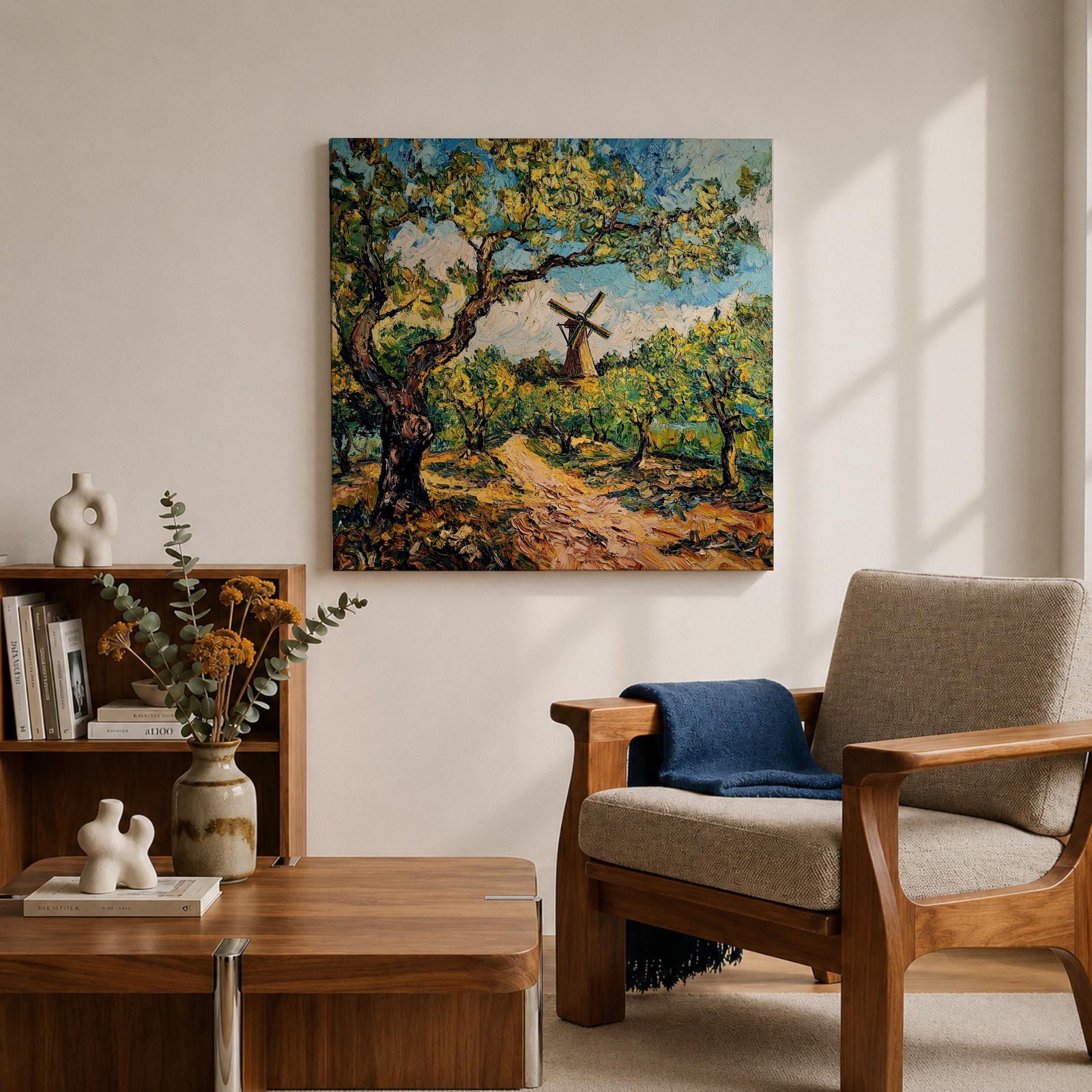 Windmill Wall Art Countryside Landscape Framed Canvas Rustic Impasto Farmhouse Home Decor