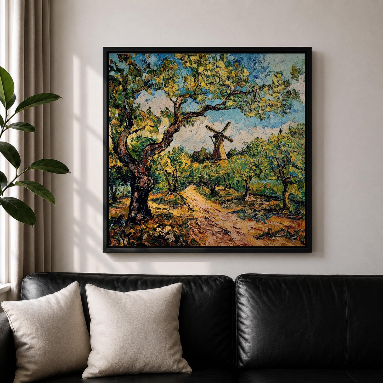 Windmill Wall Art Countryside Landscape Framed Canvas Rustic Impasto Farmhouse Home Decor