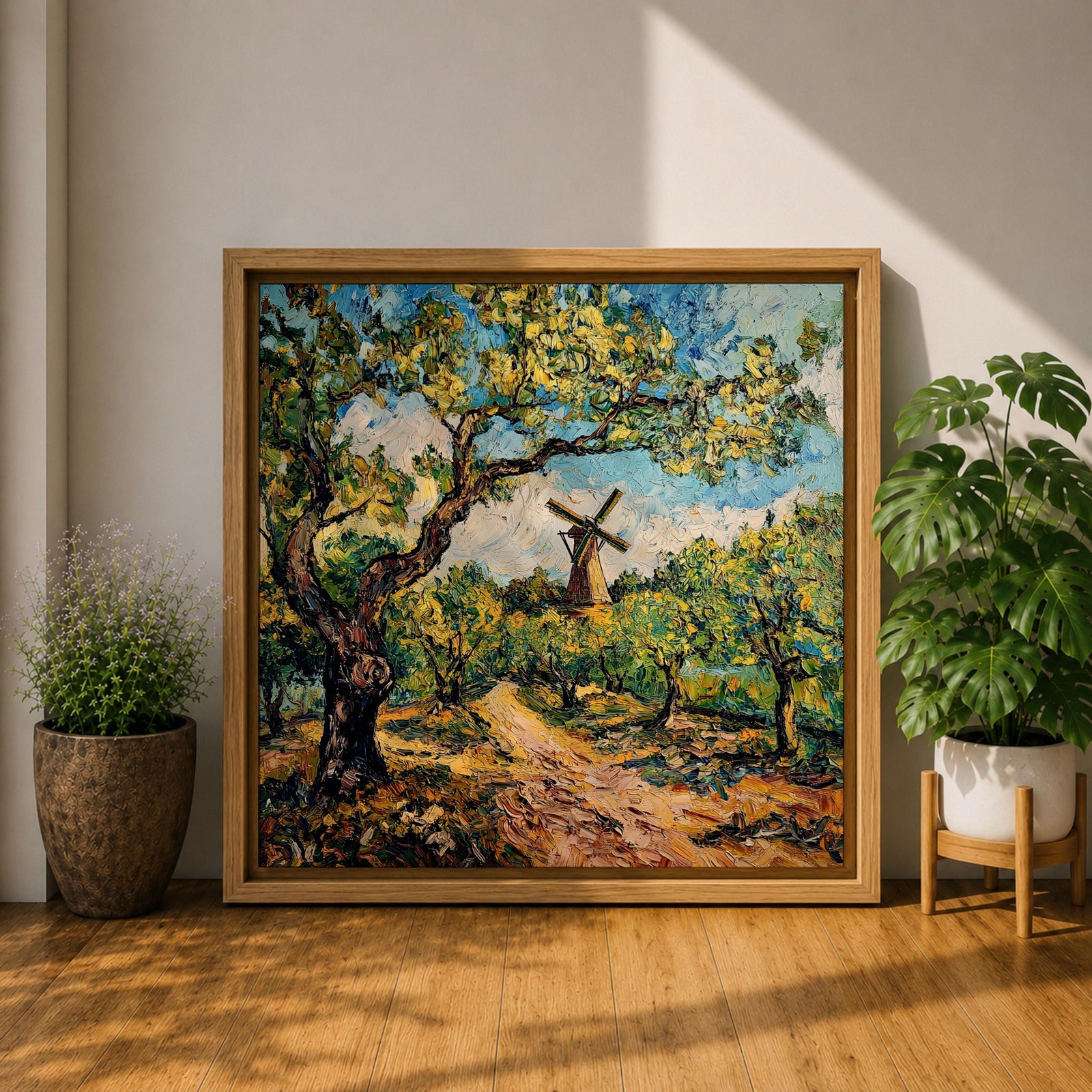 Windmill Wall Art Countryside Landscape Framed Canvas Rustic Impasto Farmhouse Home Decor