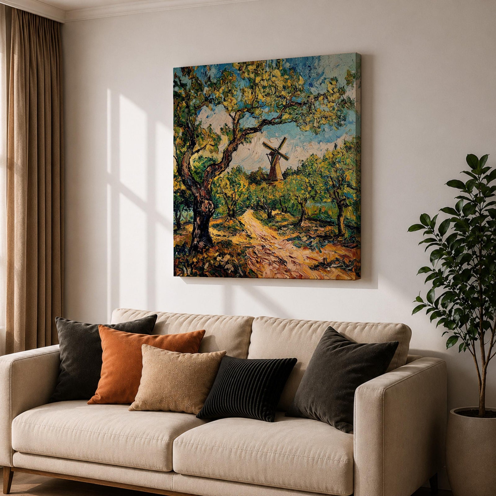 Windmill Wall Art Countryside Landscape Framed Canvas Rustic Impasto Farmhouse Home Decor