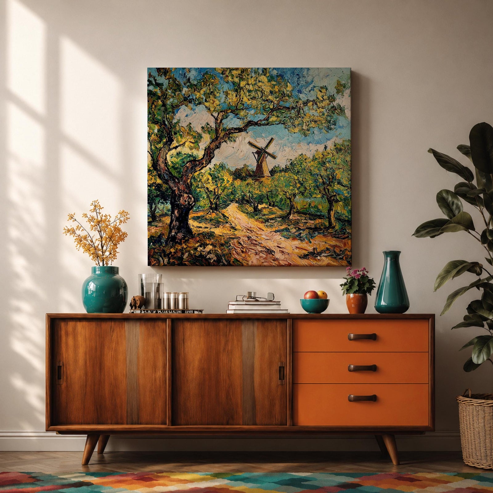 Windmill Wall Art Countryside Landscape Framed Canvas Rustic Impasto Farmhouse Home Decor