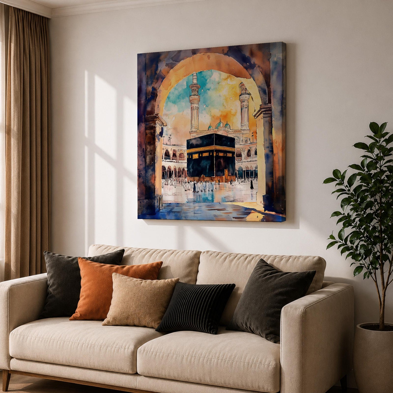 Kaaba Wall Art Masjid al Haram Framed Canvas Mecca Watercolor Islamic Home Decor