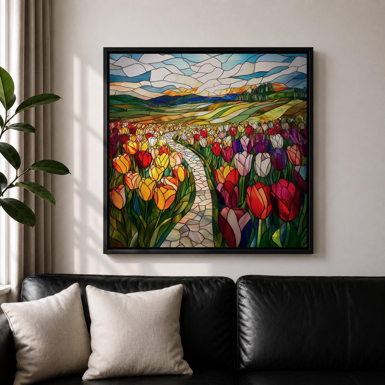 Tulip Field Wall Art Flower Garden Framed Canvas Stained Glass Landscape Botanical Home Decor